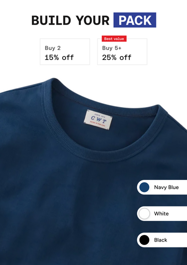 A navy blue crewneck t-shirt shown on a white background with promotional text for a pack deal and color selection options for Navy Blue, White, and Black.