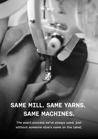 Black and white close-up photo of a sewing machine stitching fabric, with bold text reading 'SAME MILL. SAME YARNS.
