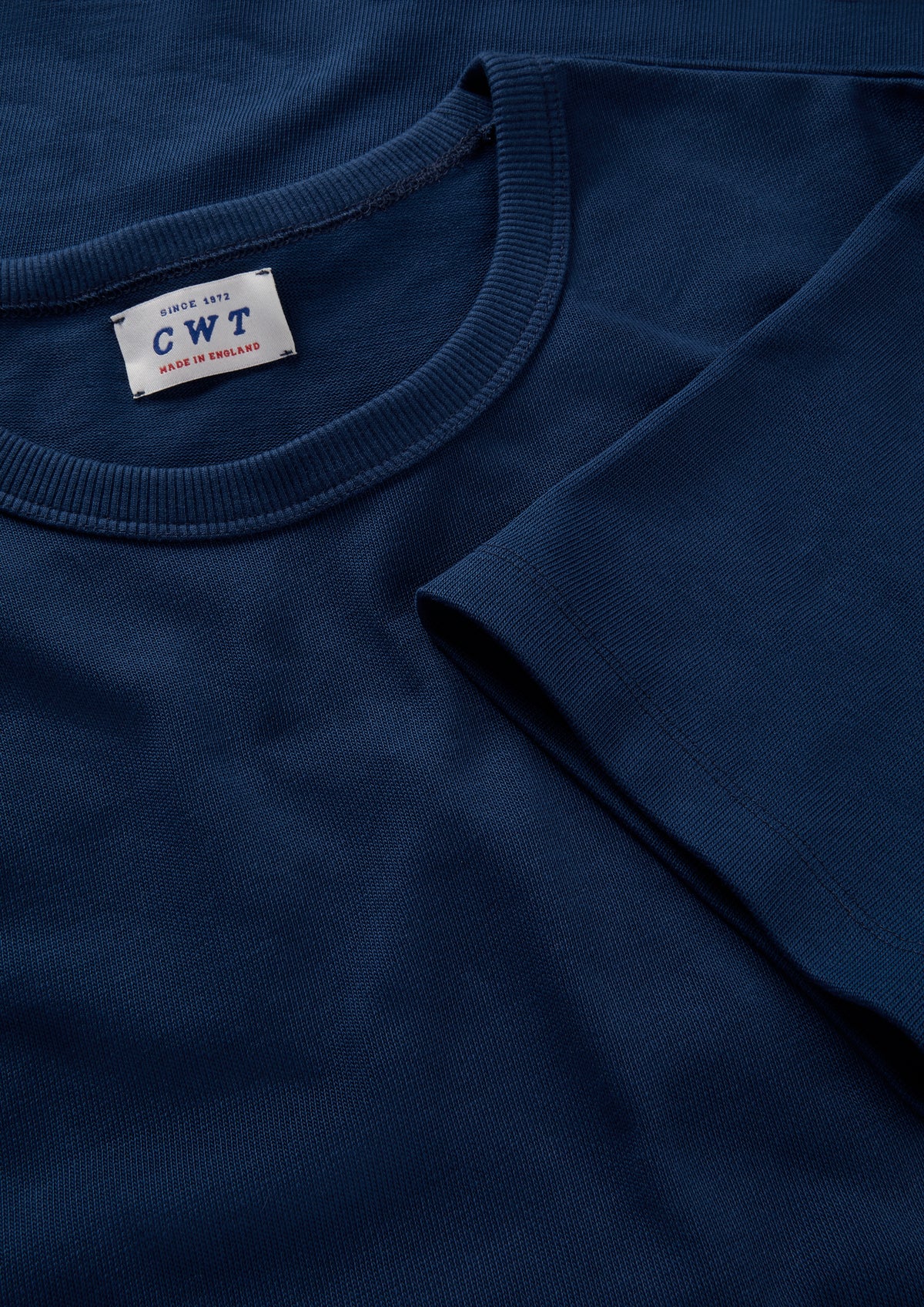 Close-up of a blue t-shirt with a label on the collar.