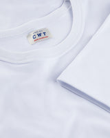 Close-up of a white t-shirt with a label on a light gray background