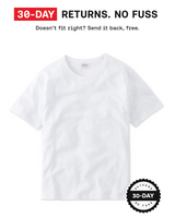 A plain white short-sleeve crewneck t-shirt displayed on a white background with promotional text at the top reading '30-DAY RETURNS. NO FUSS' and a circular '30-Day No Fuss' badge at the bottom right.