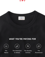 Close-up of a black crewneck t-shirt with a white printed graphic reading 'WHAT YOU'RE PAYING FOR' above four circular icons and text describing fabric, attention to detail, quality control, and provenance. A small CWT label is visible inside the collar, and 'CWT' appears in red at the top of the image.