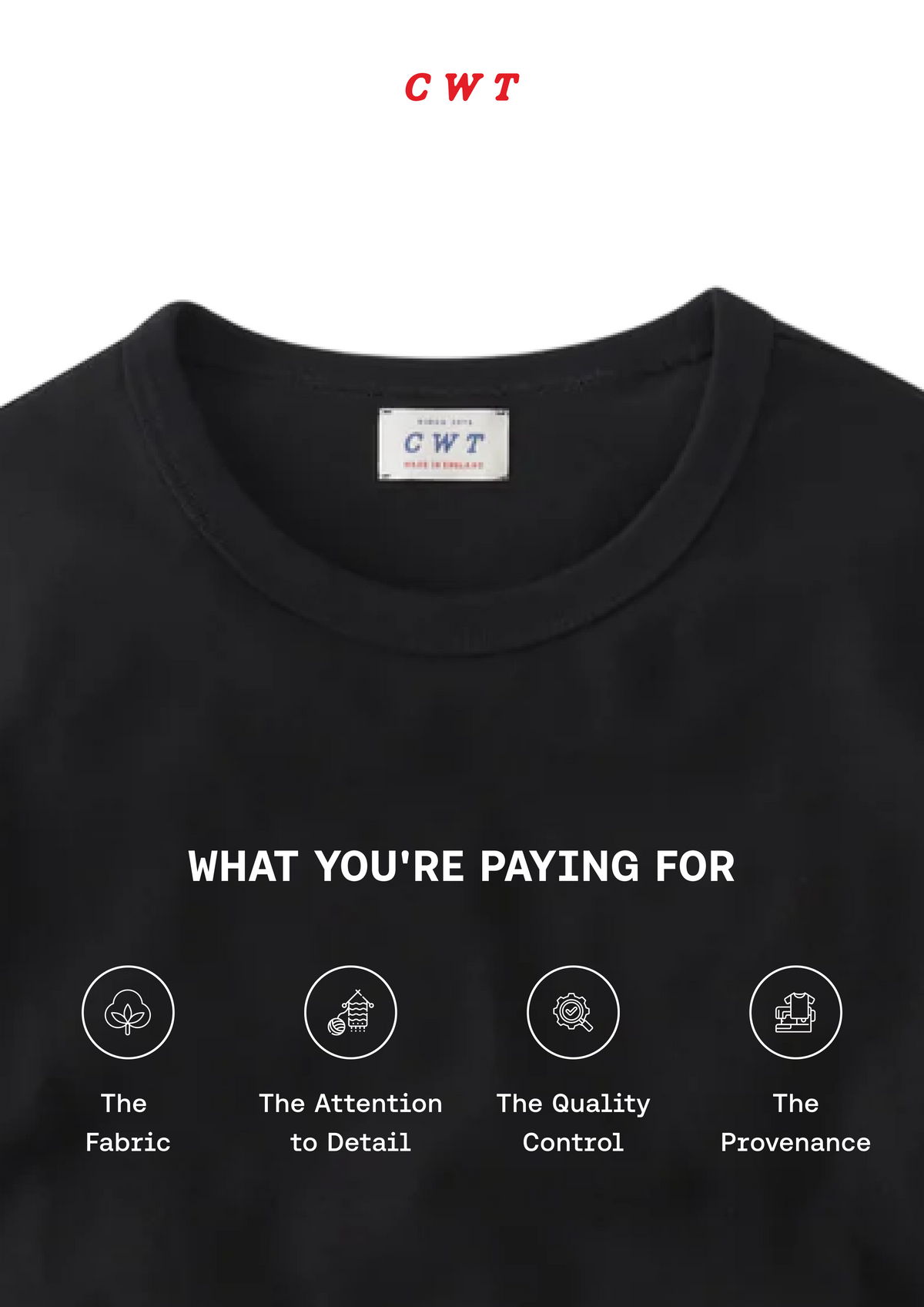 Close-up of a black crewneck t-shirt with a white printed graphic reading 'WHAT YOU'RE PAYING FOR' above four circular icons and text describing fabric, attention to detail, quality control, and provenance. A small CWT label is visible inside the collar, and 'CWT' appears in red at the top of the image.