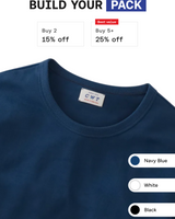 A navy blue crewneck t-shirt shown on a white background with promotional text for a pack deal and color selection options for Navy Blue, White, and Black.