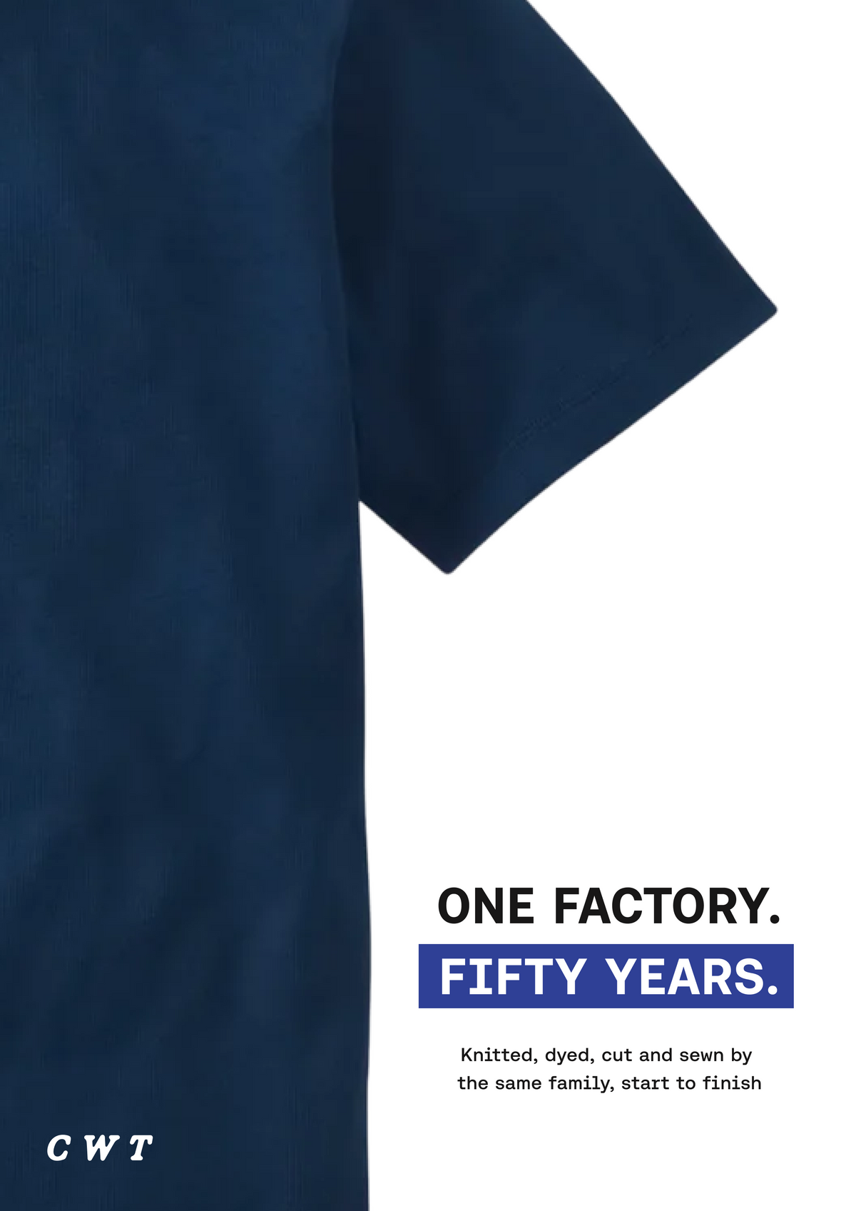 A close-up of a navy blue short-sleeve knit garment on a white background, with printed text reading 'ONE FACTORY. FIFTY YEARS.